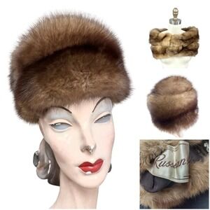 Authentic Russian Sable Fur Stole+ Matching Pillbox Hat VTG 50s Brown Mob Wife